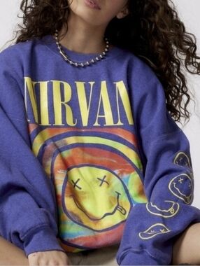 Urban Outfitters Nirvana Smile Purple Rainbow Oversized Sweatshirt Sz S/M